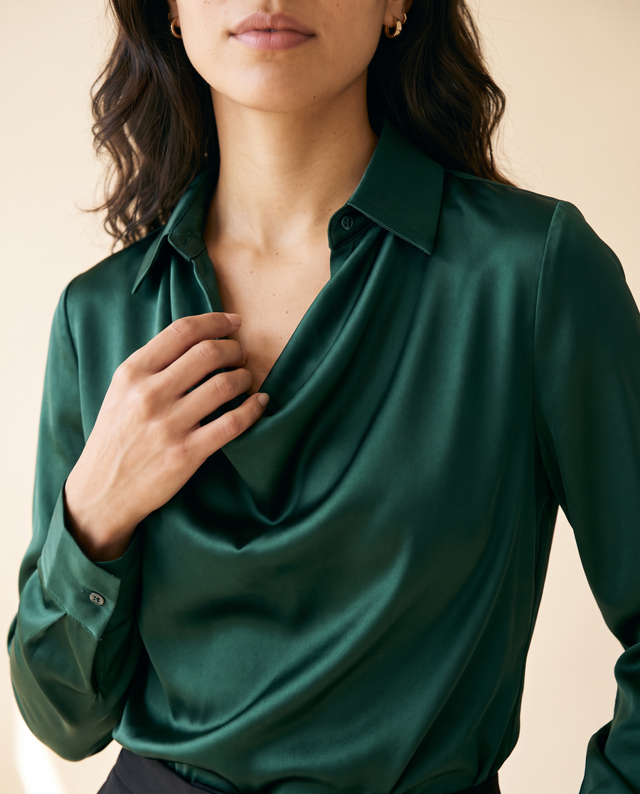 Women's Satin Swing-Collar Blouse in Dark Green - detail