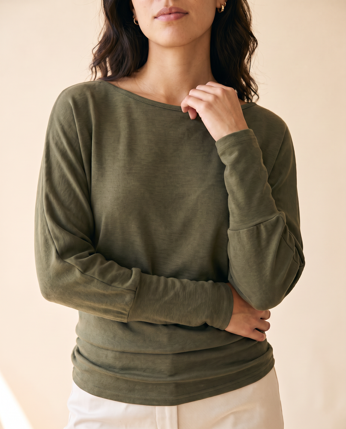 Women's Minimalist Long-Sleeve Top in Green - detail