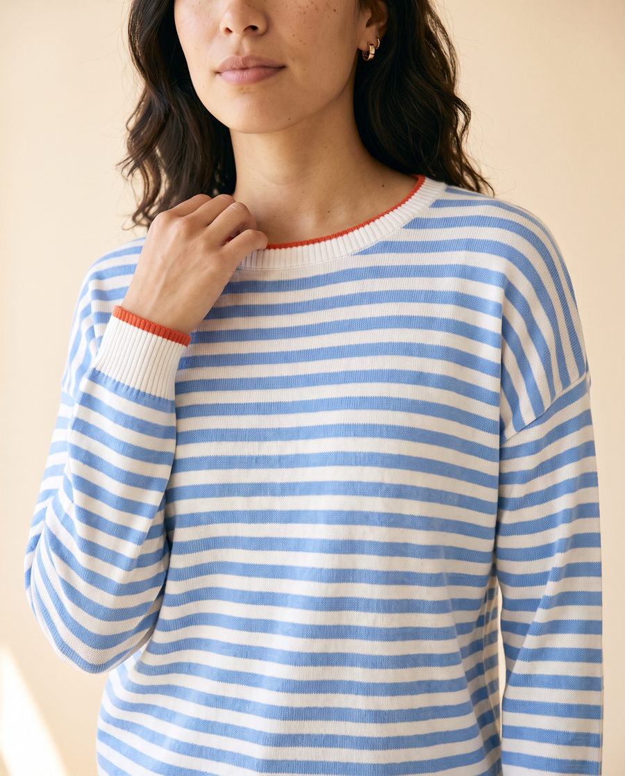 Women's Striped Crewneck Knit Sweater in Blue - detail