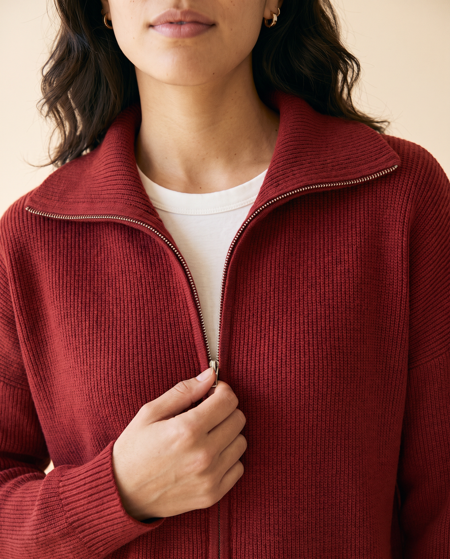 Women's Full-Zip Knitted Polo Cardigan in Dark Red - detail