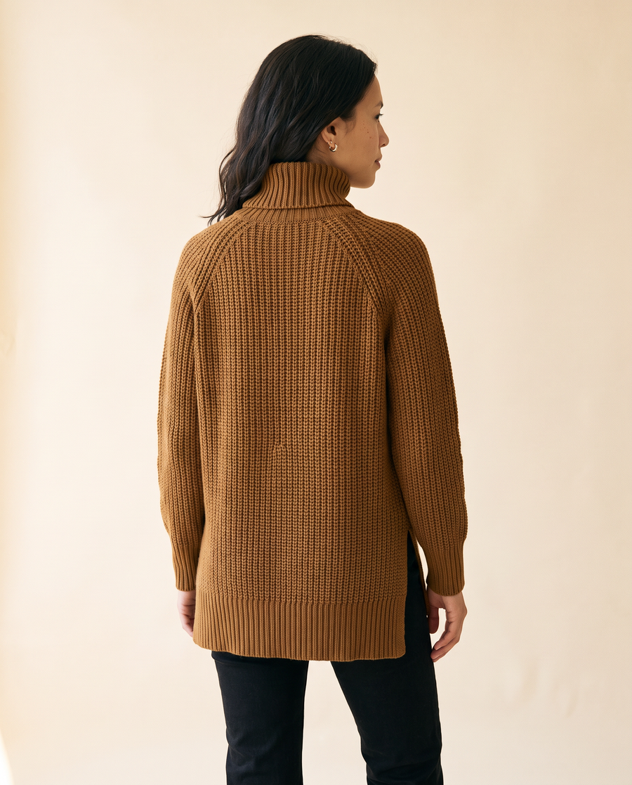 Women's Split-Hem Turtleneck Sweater in Dark Brown - model second view