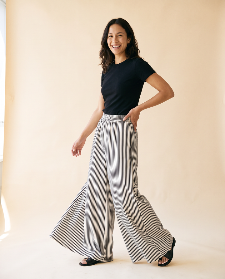 Women's Striped Elastic-Waist Wide-Leg Trouser - model front view