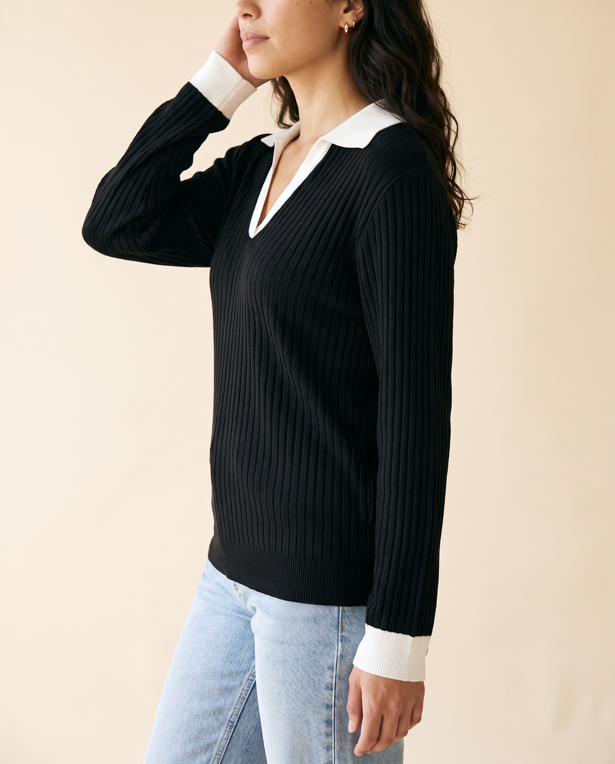Women's Lapel Collar Relaxed Top in Black - model second view