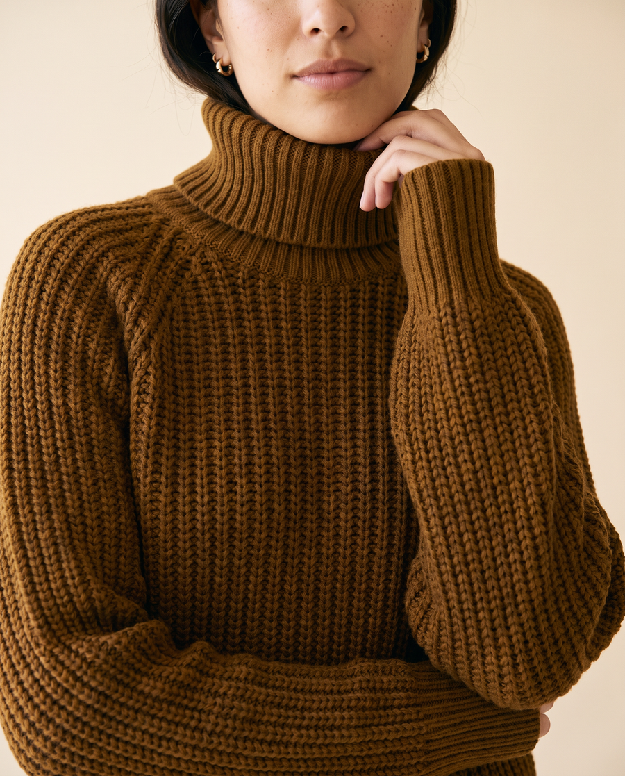 Women's Split-Hem Turtleneck Sweater in Dark Brown - detail