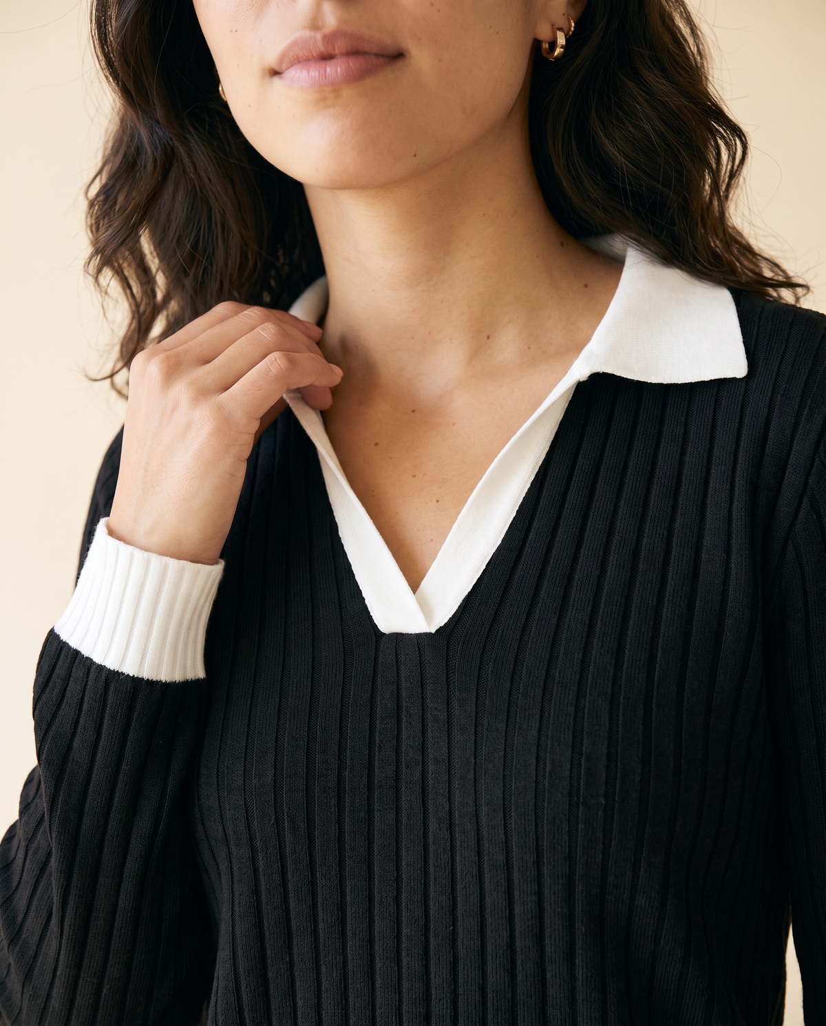 Women's Lapel Collar Relaxed Top in Black - detail