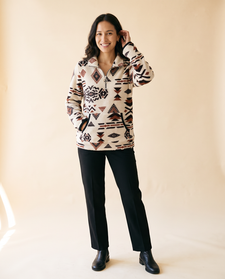 Women's Half-Zip Sweatshirt in Apricot - model front view