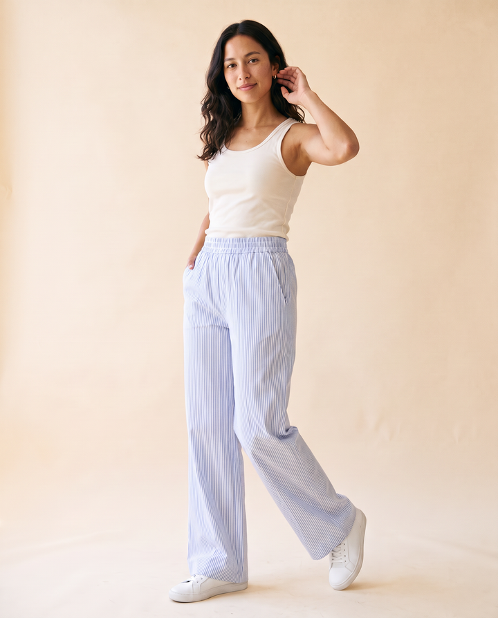 Women's Striped Wide-Leg Pocket Trouser in Blue - model front view