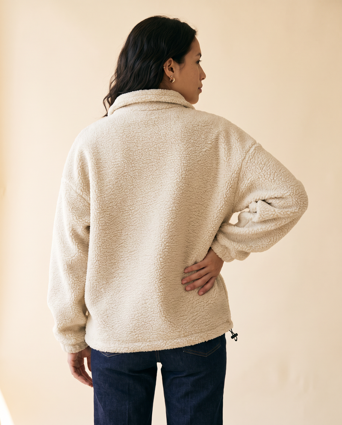 Women's Half-Zip Sherpa Fleece Sweatshirt in Apricot - model second view