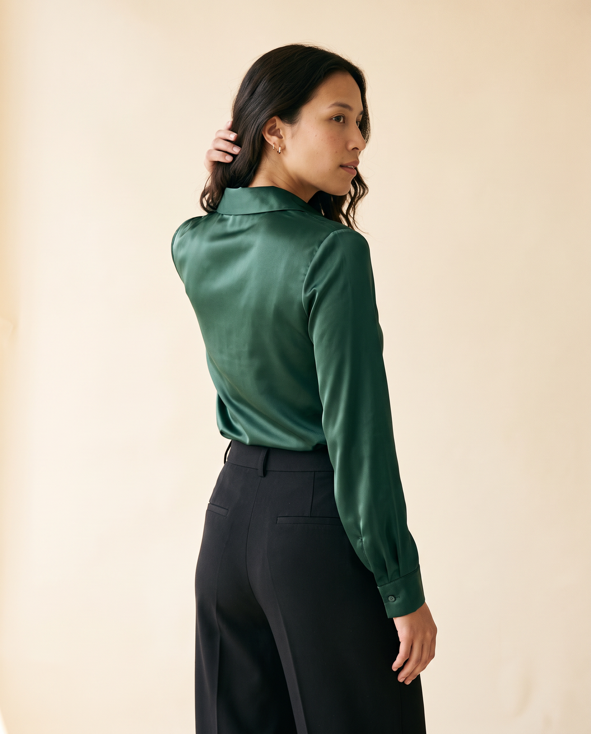 Women's Satin Swing-Collar Blouse in Dark Green - model second view