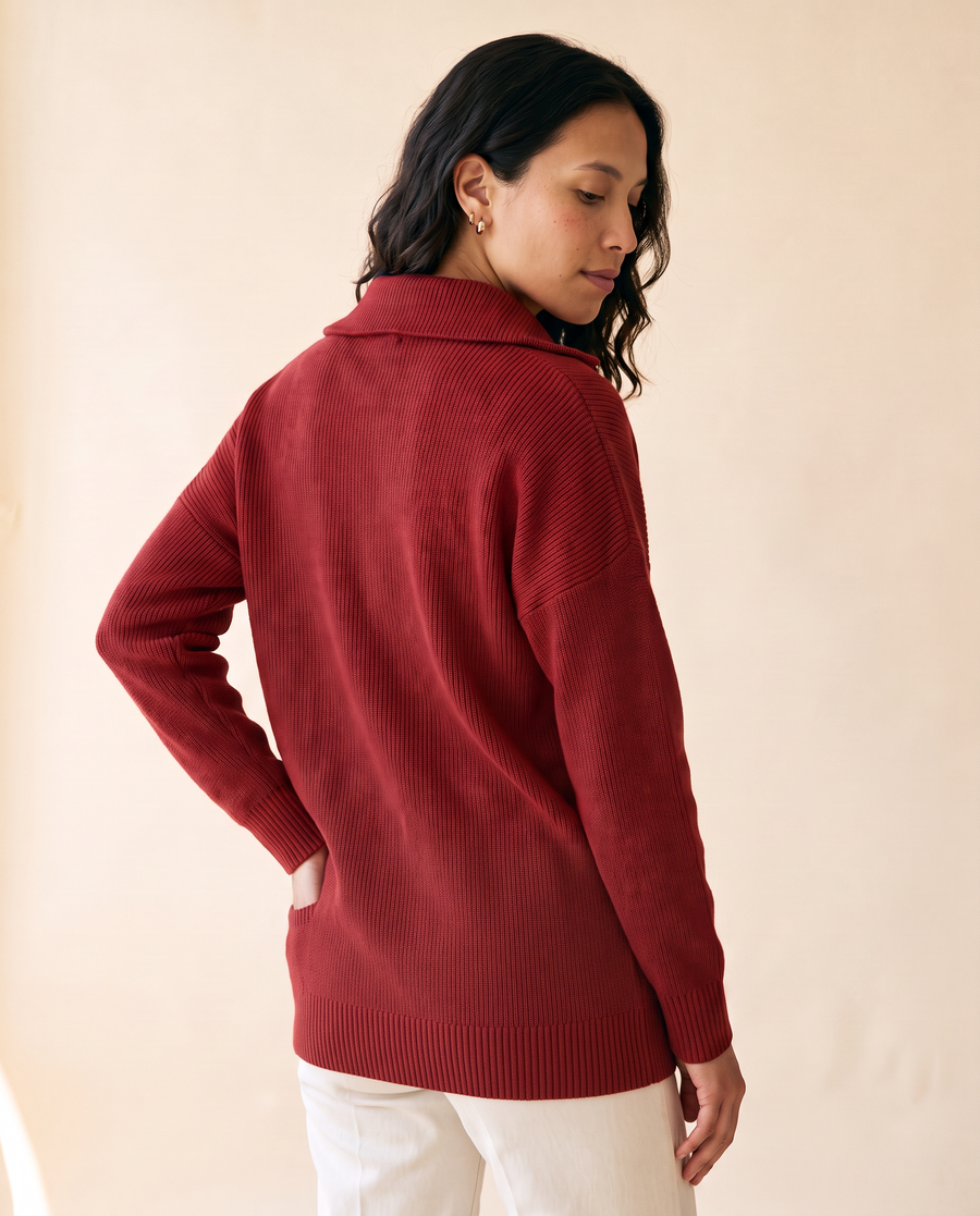 Women's Full-Zip Knitted Polo Cardigan in Dark Red - model side view