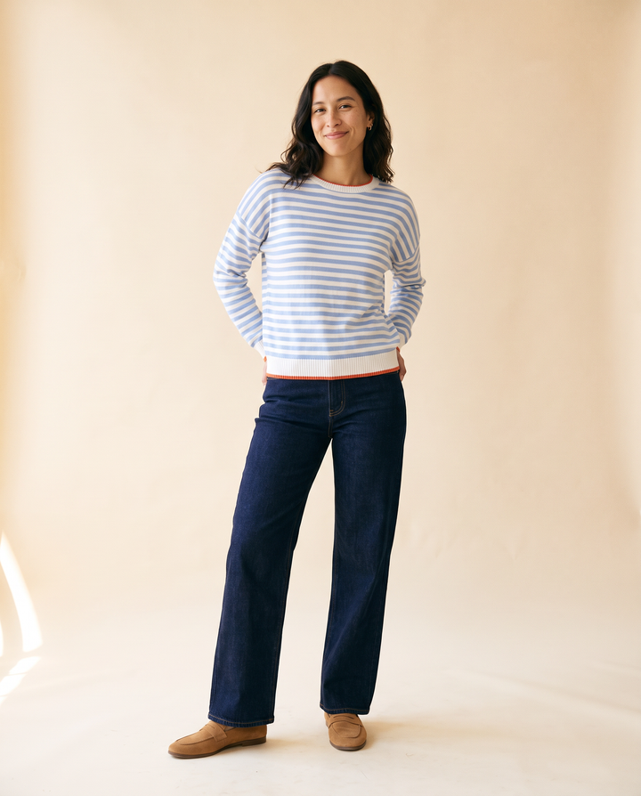 Women's Striped Crewneck Knit Sweater in Blue - model front view