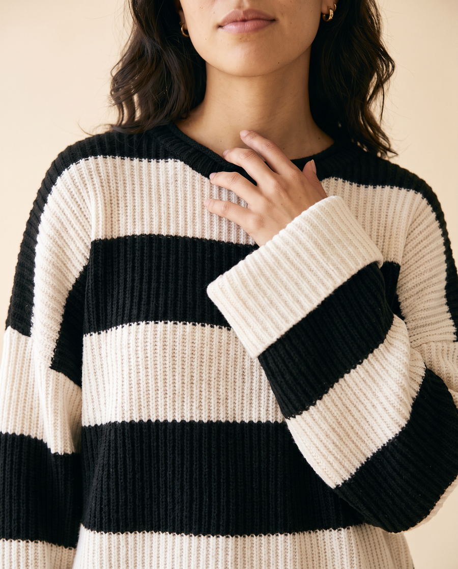 Women's Oversized Striped Batwing Sweater in Black - detail