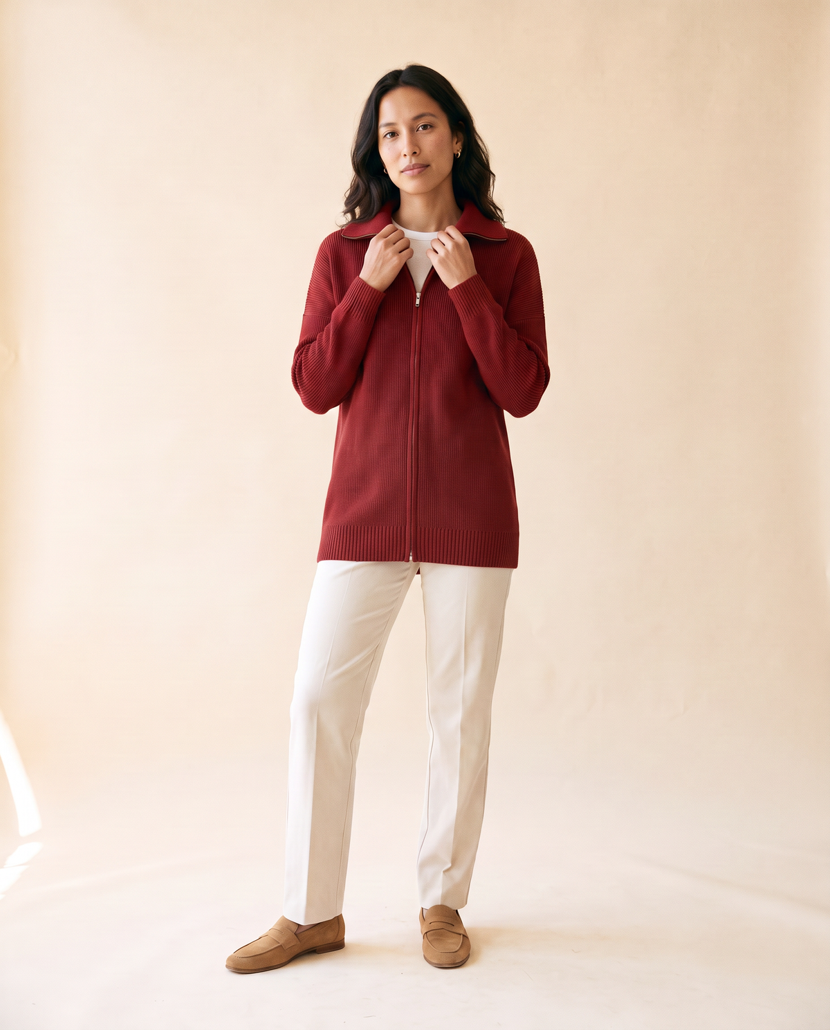 Women's Full-Zip Knitted Polo Cardigan in Dark Red - model front view