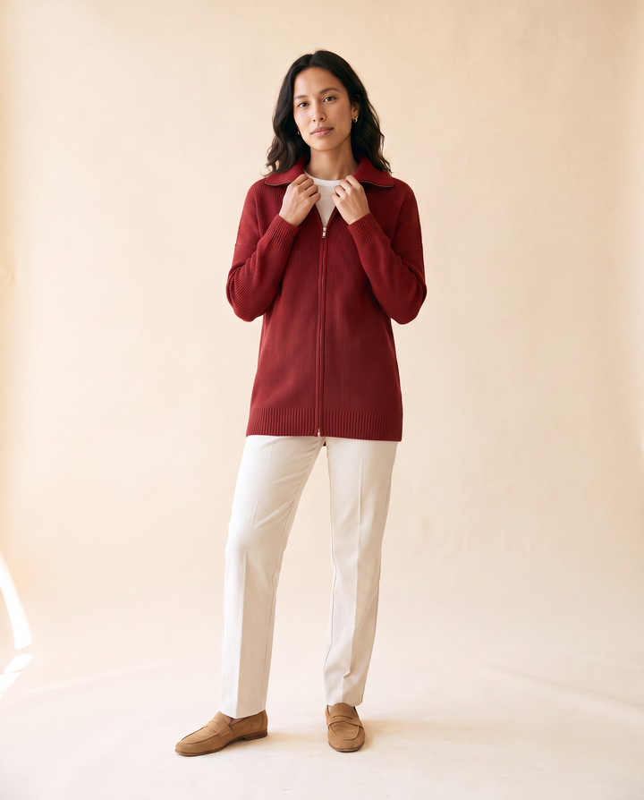 Women's Full-Zip Knitted Polo Cardigan in Dark Red - model front view