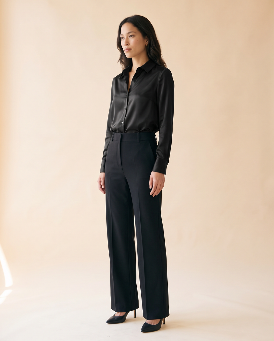 Women's Satin Button-Up Shirt in Black - model second view