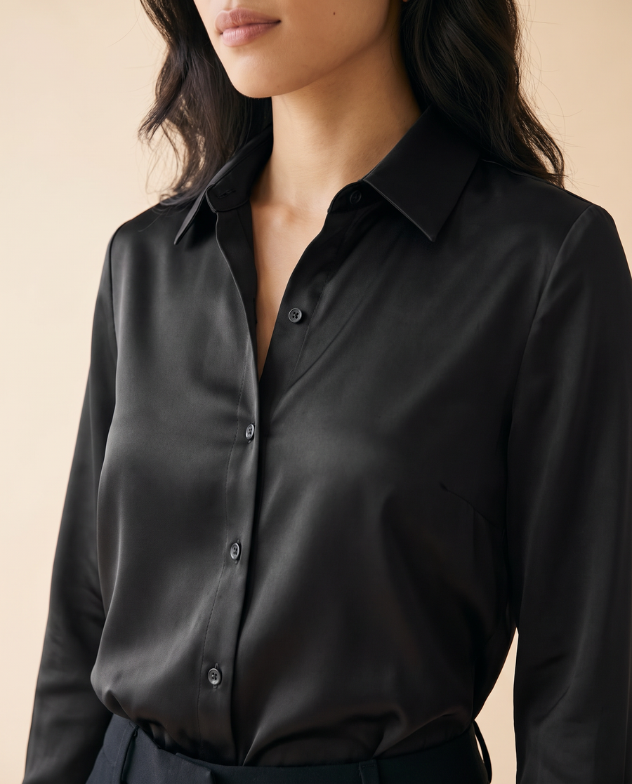 Women's Satin Button-Up Shirt in Black - detail